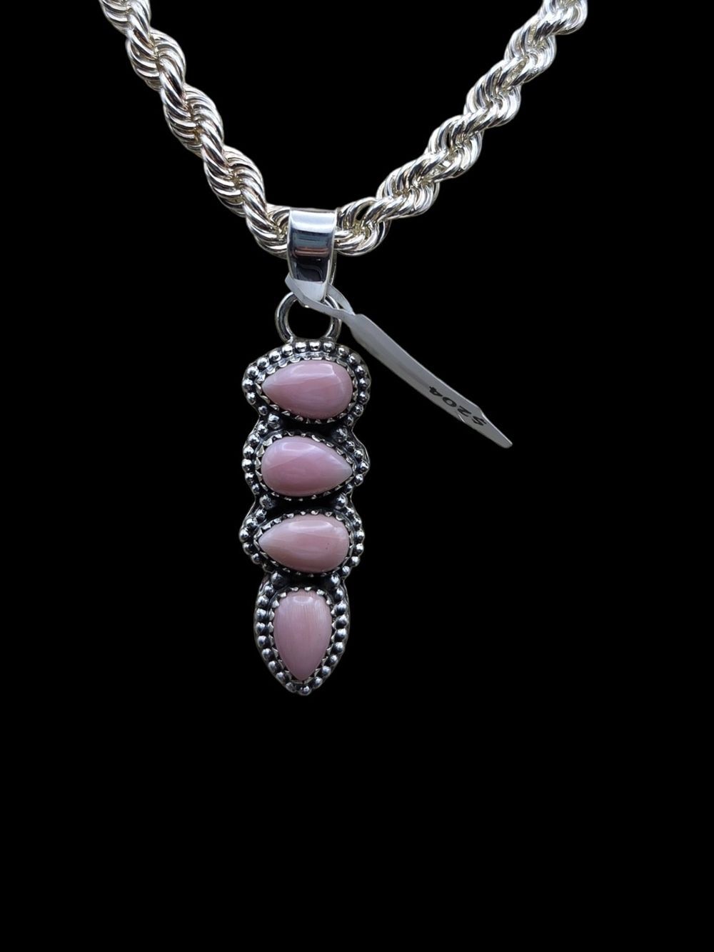 Sterling Silver Pink Conch 4 Stone Teardrop Pendant 925 Southwestern 2.2 in